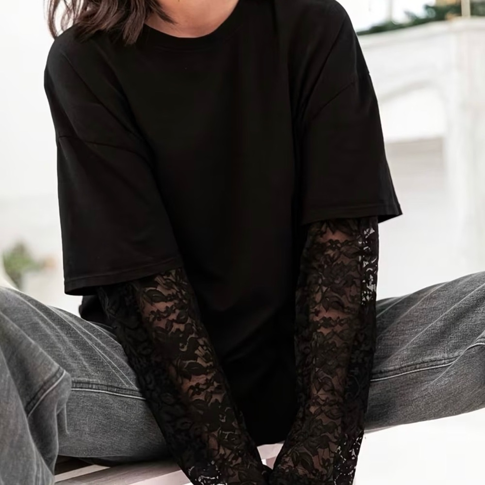 Black Lace Sleeve T-Shirt